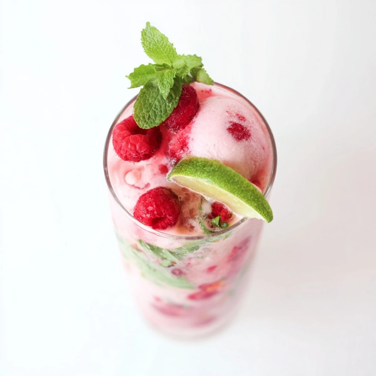 Summer Raspberry Mint Mojito Rebel Float featuring fresh raspberries, crushed mint, and melting vanilla ice cream