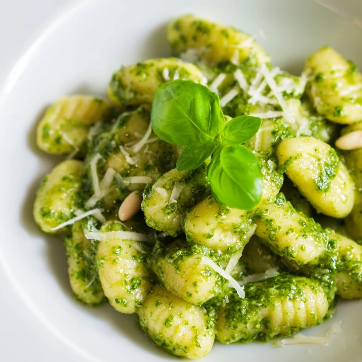 Soft potato gnocchi coated in vibrant green homemade basil pesto sauce