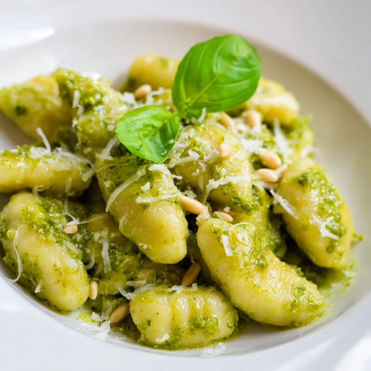 Golden brown pesto gnocchi sprinkled with grated Parmesan and fresh basil leaves