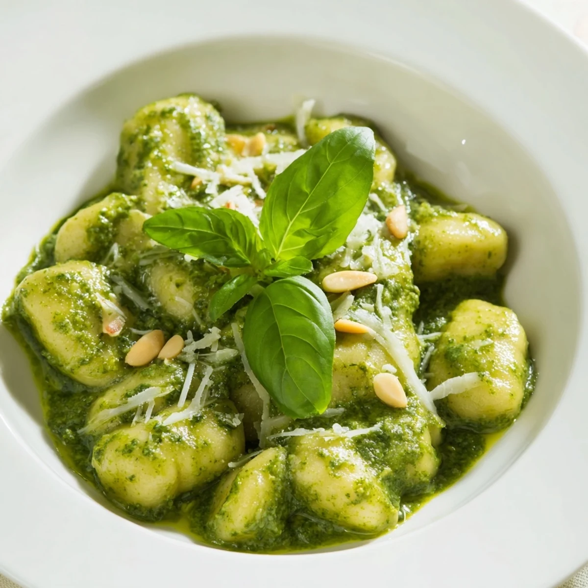 Creamy Italian pesto gnocchi plated with toasted pine nuts and extra cheese