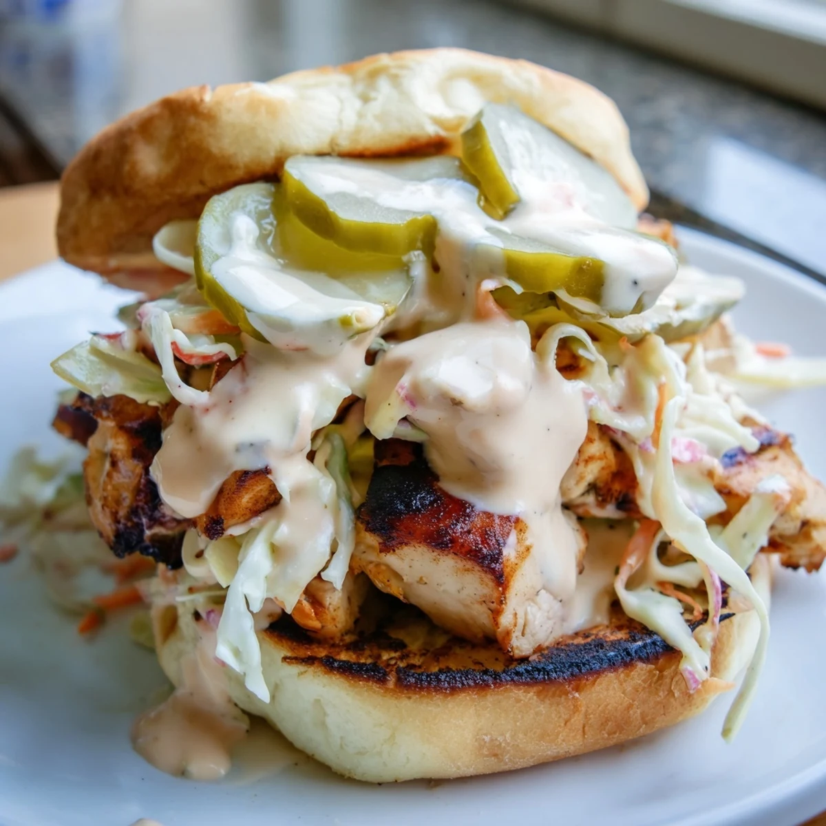 Golden Alabama BBQ chicken sandwich piled high with creamy white sauce and crisp coleslaw on toasted bun