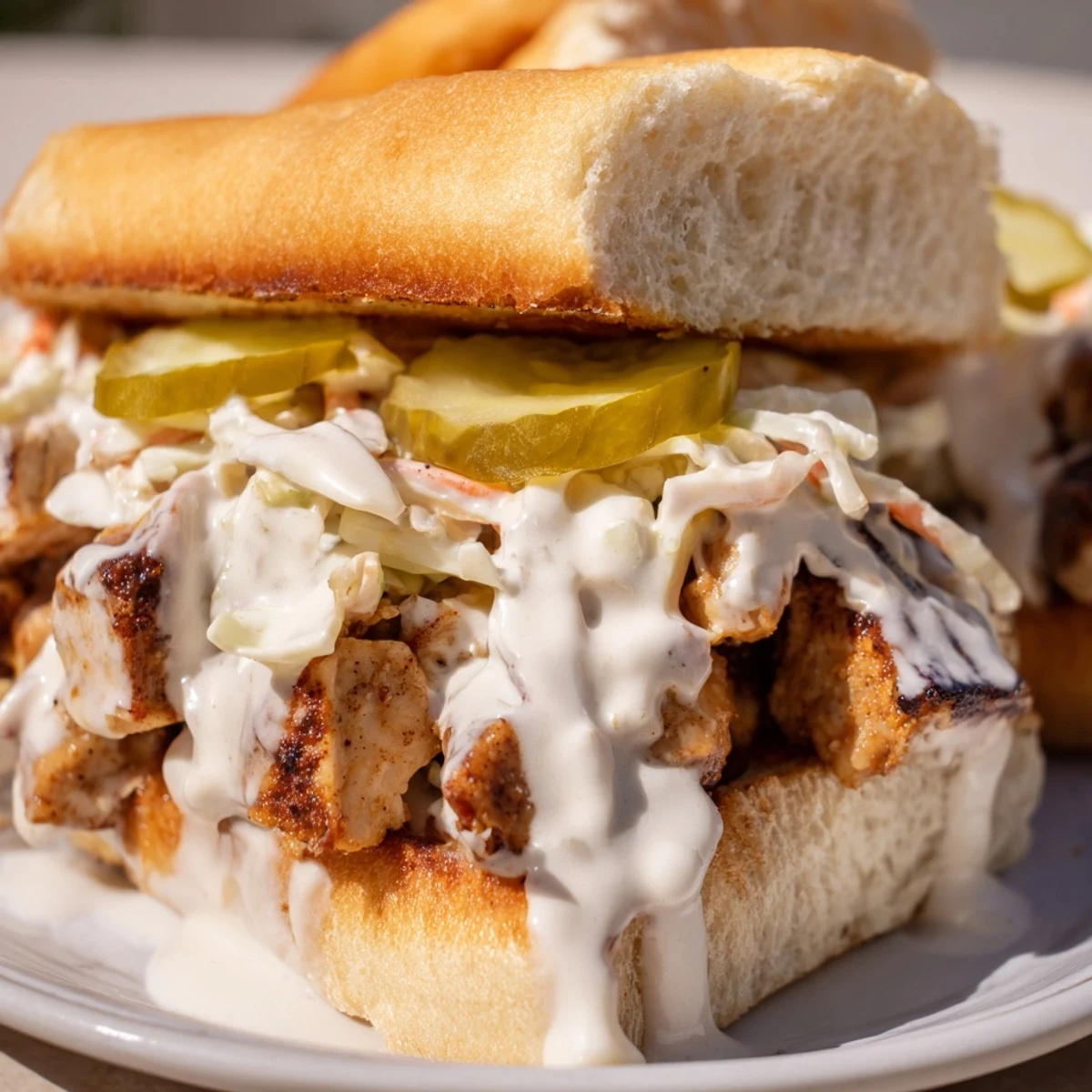 Savory chopped grilled chicken smothered in tangy Alabama white BBQ sauce nestled in soft sandwich bun