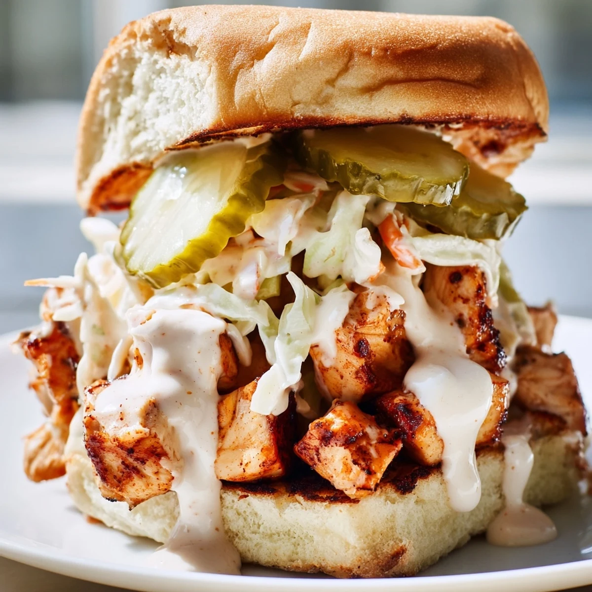 Hearty Alabama BBQ chicken sandwich topped with crunchy coleslaw and zesty pickles on a warm toasted bun