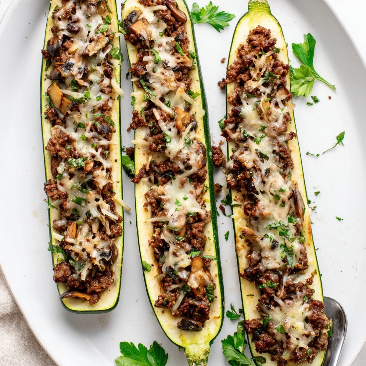 Golden beef tenderloin mushroom stuffed zucchini boats bubbling with melted mozzarella and Parmesan cheese