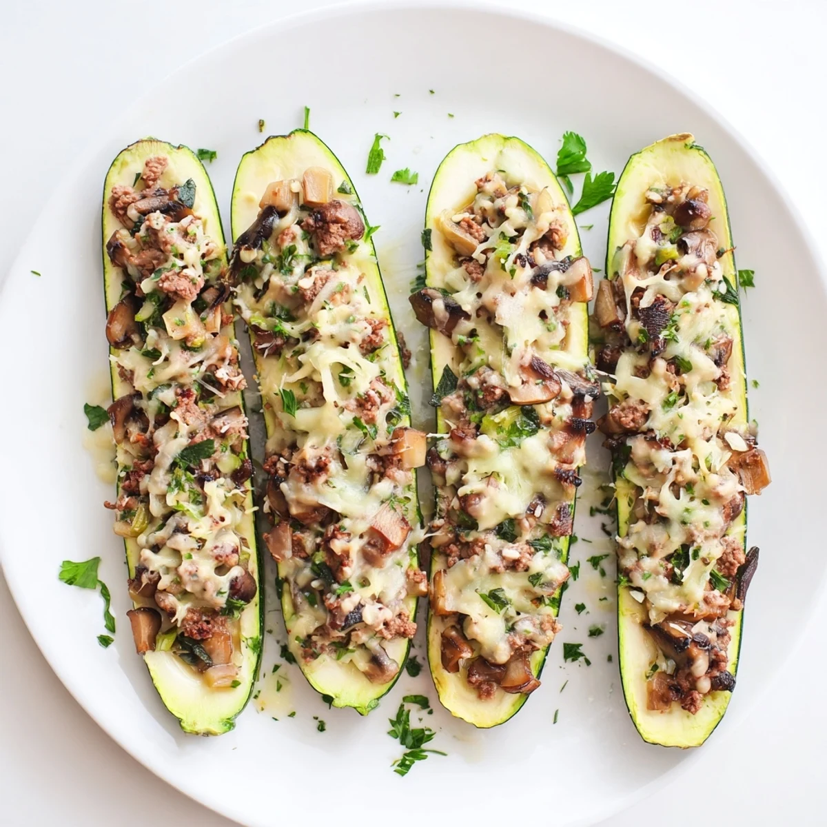 Fresh baked zucchini boats filled with savory beef tenderloin and mushrooms topped with golden Gruyère