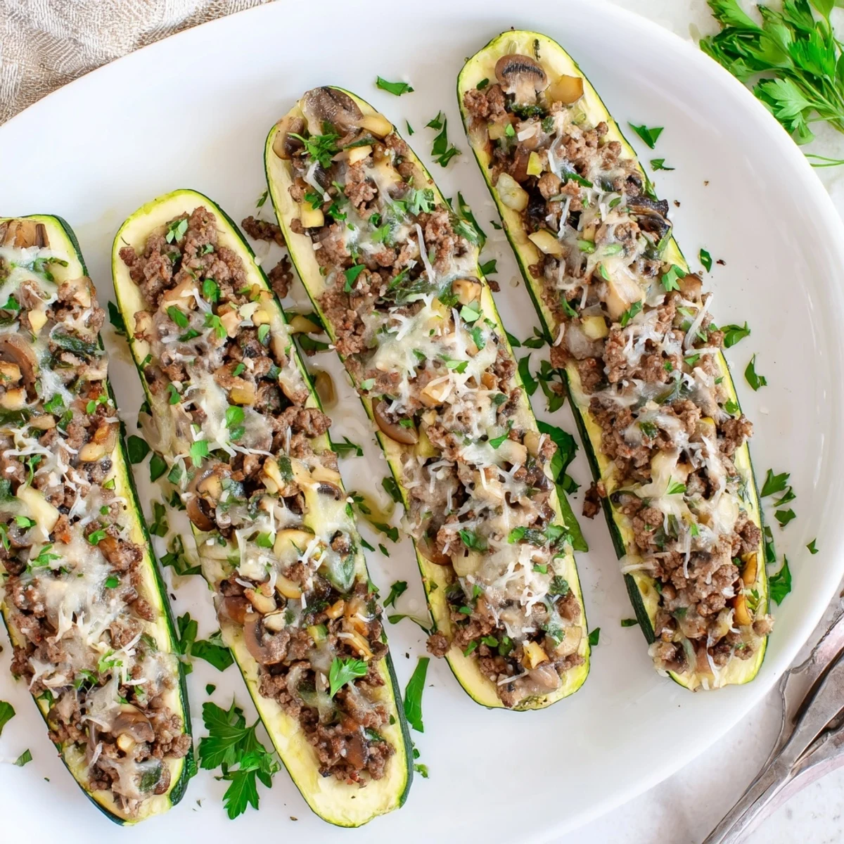 Zucchini halves overflowing with tender beef and mushroom mixture baked until cheese is browned and bubbly