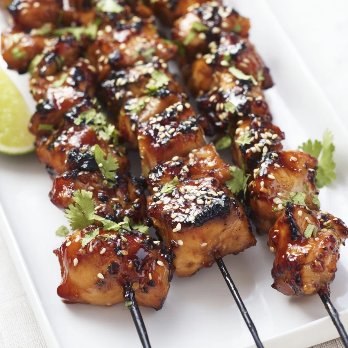 Golden grilled spicy honey garlic chicken skewers glazed with caramelized char marks and fresh cilantro garnish