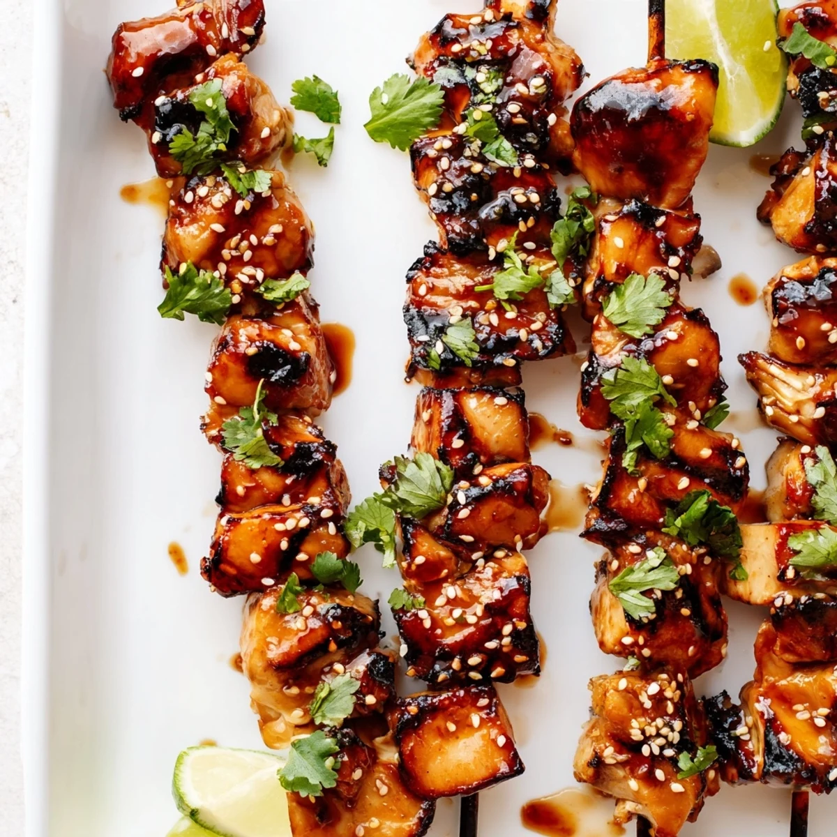 Juicy chicken threaded on skewers featuring a shiny honey garlic chili glaze with smoky grill lines
