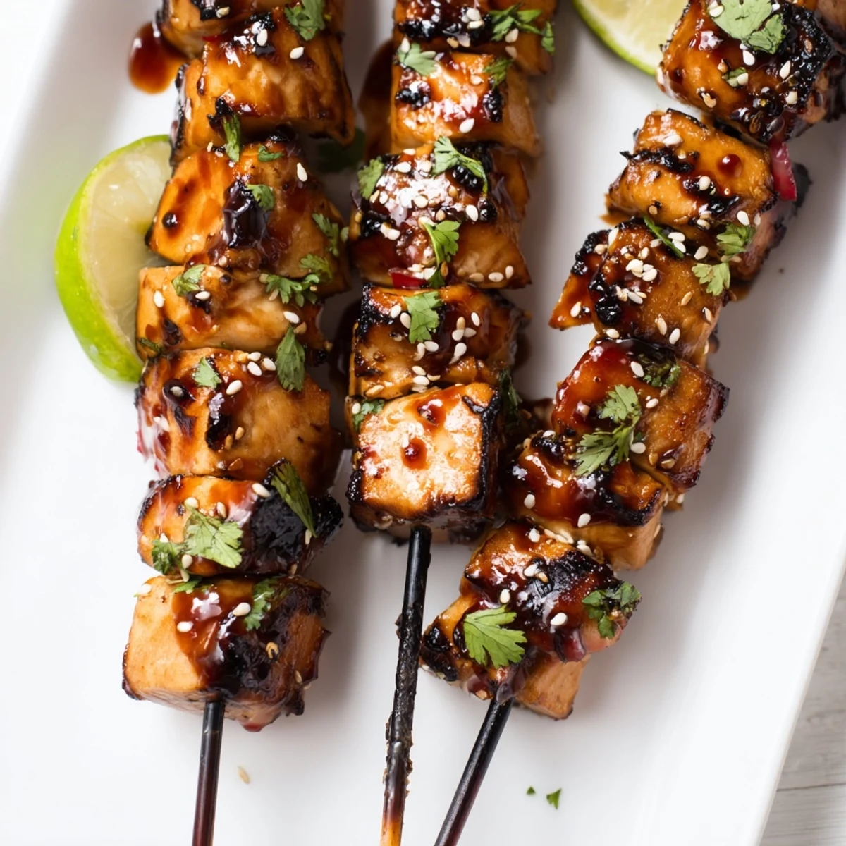 Plate of spicy honey garlic chicken skewers sprinkled with sesame seeds and served with lime wedges