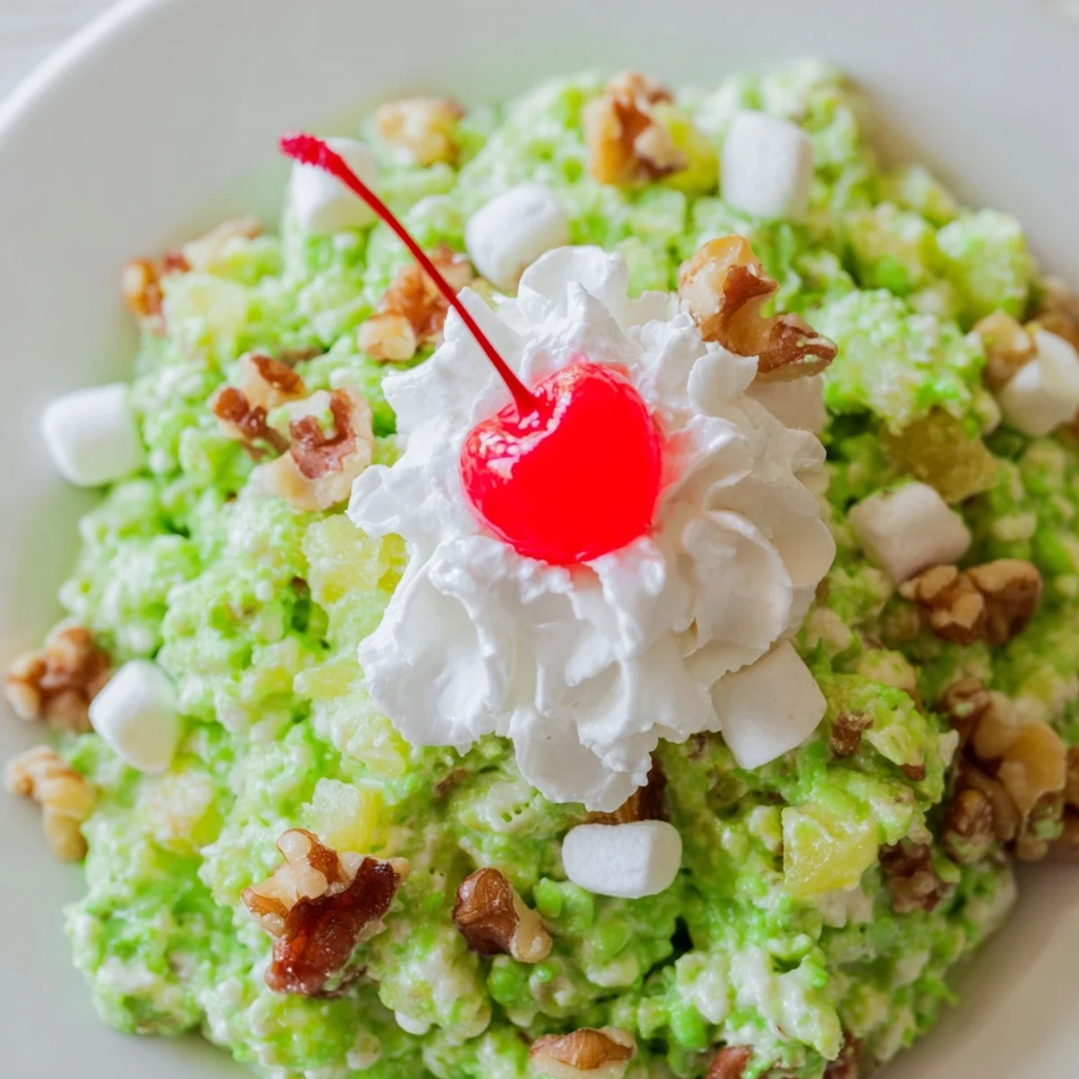 Fluffy green Watergate Salad with pistachio pudding, pineapple, marshmallows, and whipped topping topped with maraschino cherries