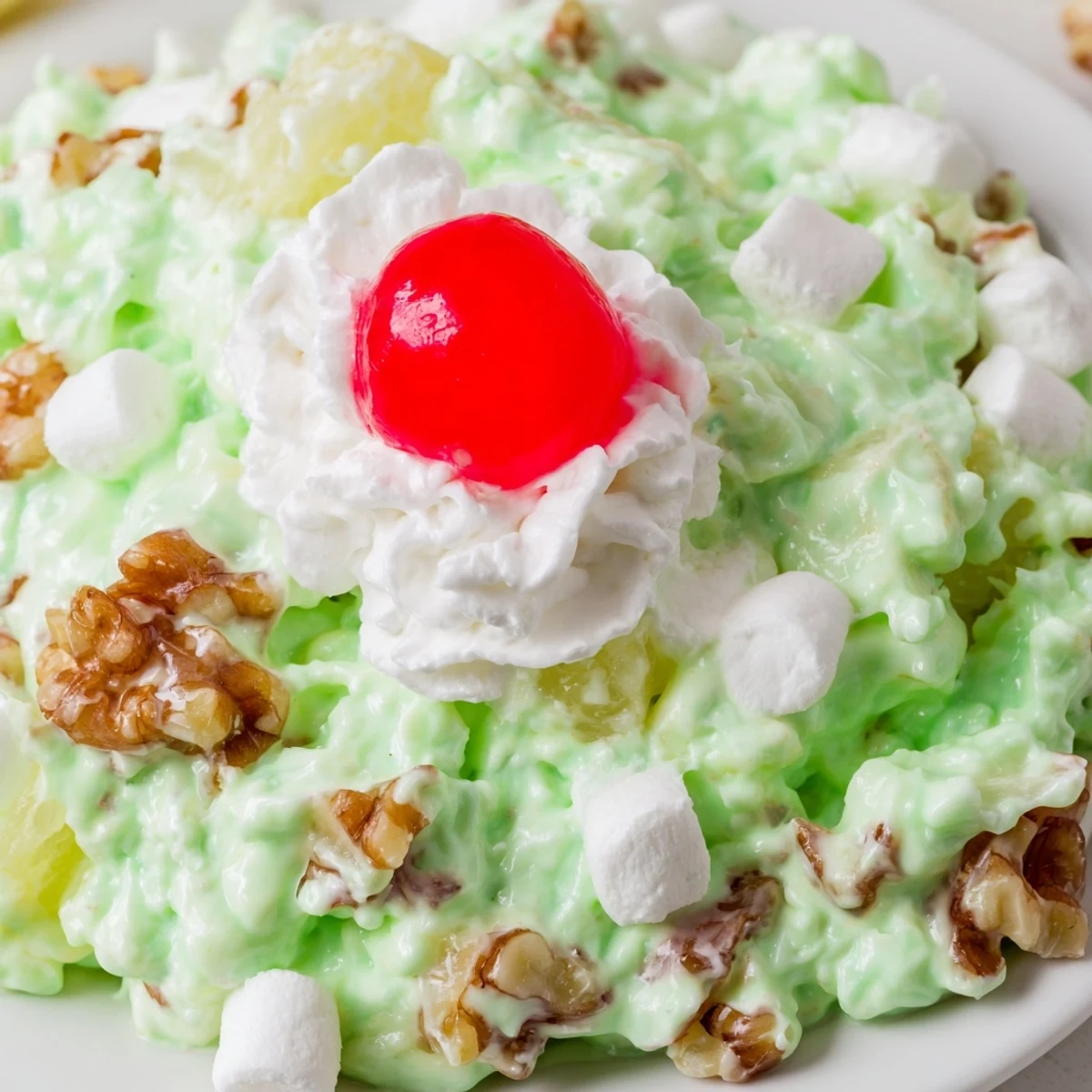 Vintage Watergate Salad in a glass serving bowl showcasing creamy pistachio mixture with walnuts and bright red cherry garnish