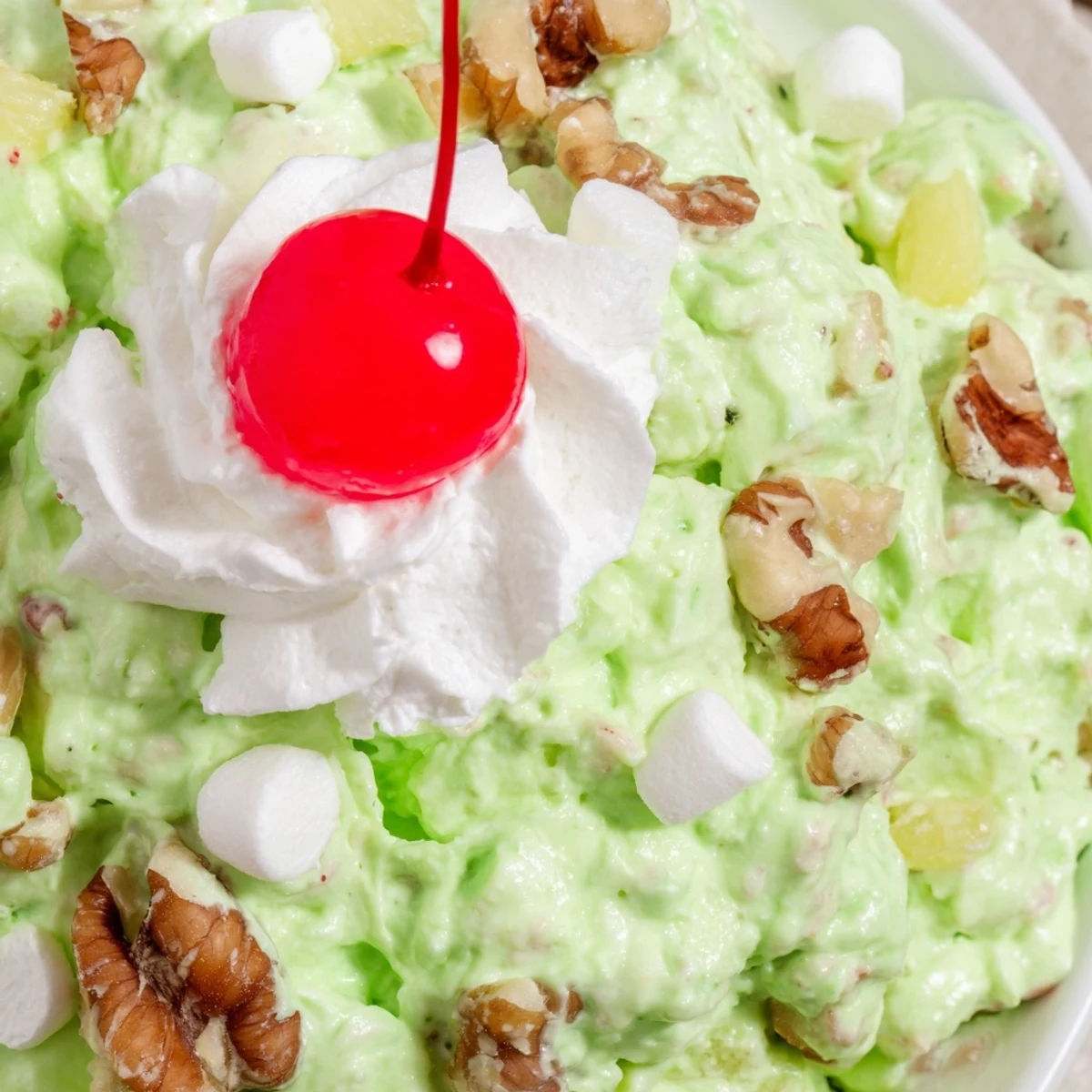 Creamy Watergate Salad close-up showing mini marshmallows and crushed pineapple folded into vibrant green pistachio pudding dessert