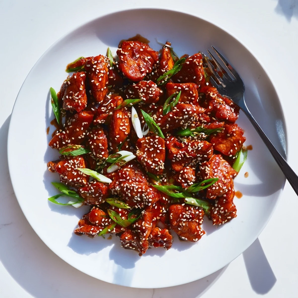 Golden brown ground Tsos chicken in a glossy sweet and tangy Asian sauce garnished with sesame seeds and fresh green onion slices
