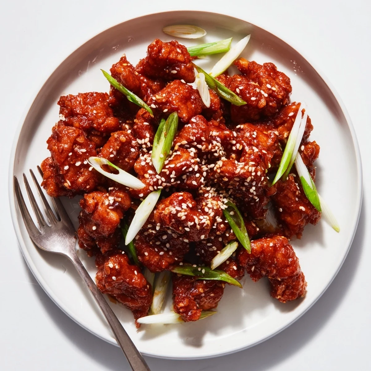 Savory ground Tsos chicken stir-fried with ginger and garlic in a thick reddish-brown glaze served over steamed white rice