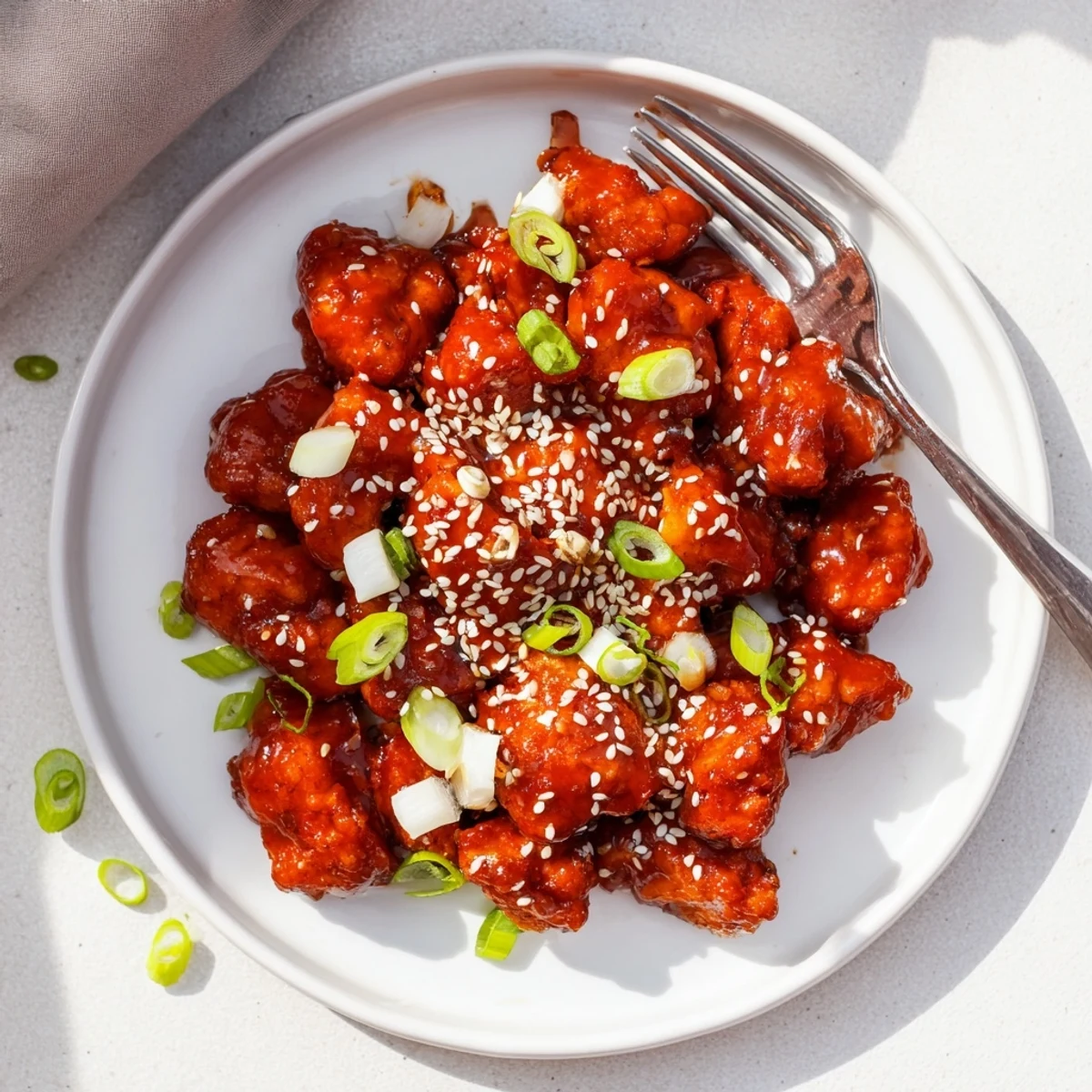 Quick and easy ground Tsos chicken bowl coated in a spicy sticky sauce topped with white sesame seeds and sliced scallions