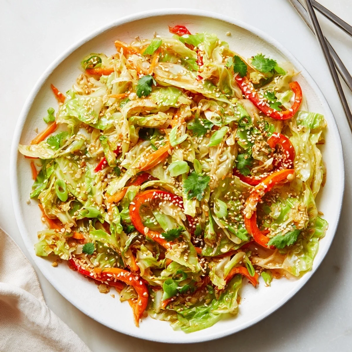 Colorful Asian cabbage stir fry featuring vibrant peppers and carrots in glossy sauce