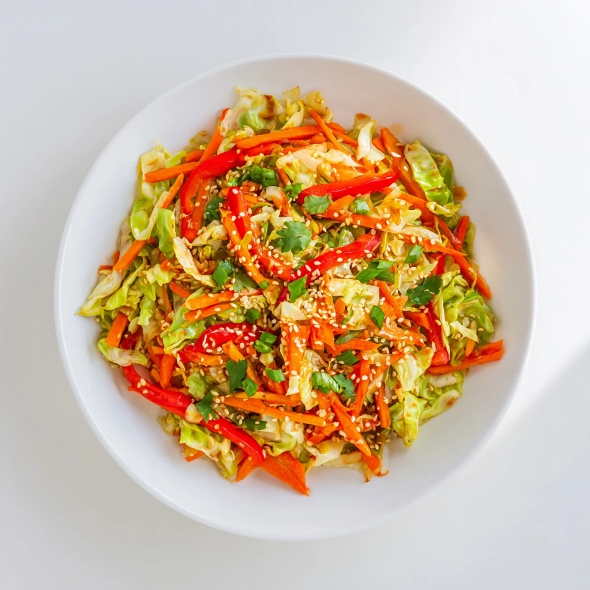 Golden cabbage stir fry with crisp vegetables coated in savory sesame soy sauce