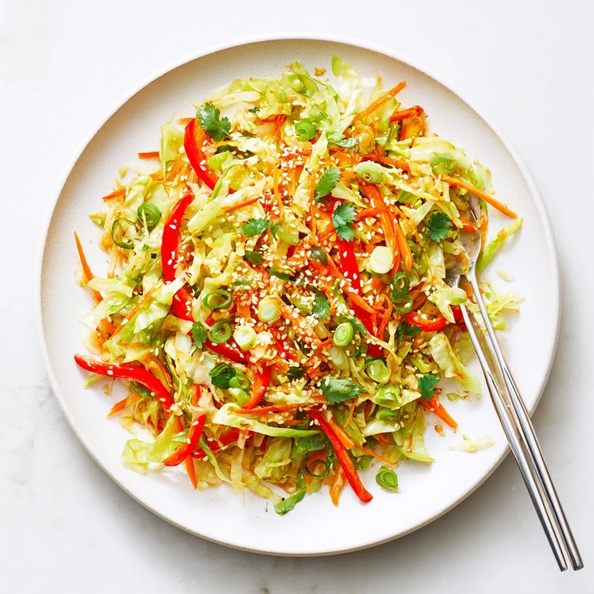 Healthy cabbage stir fry recipe served in white bowl with sesame seed garnish