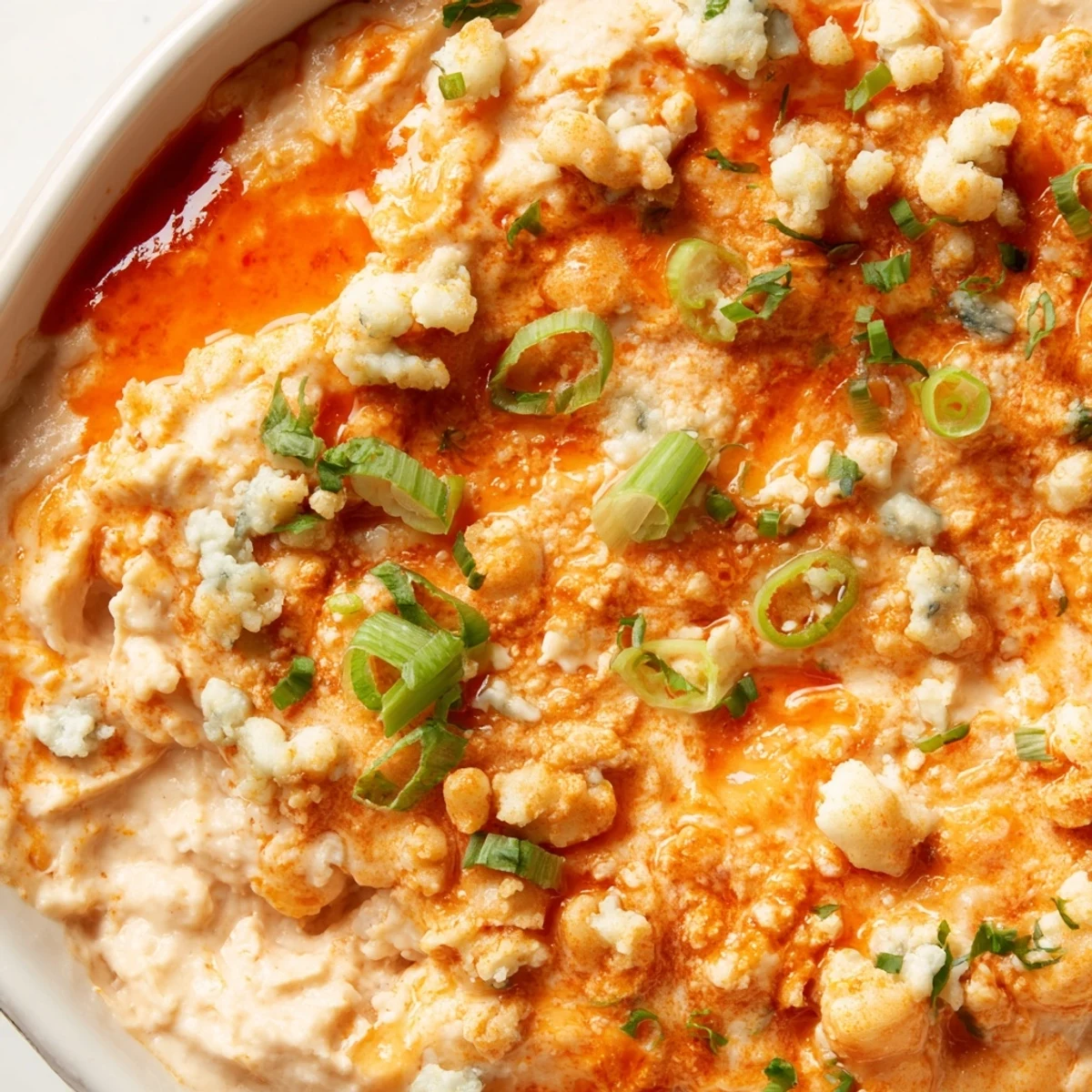 Spicy white bean buffalo appetizer with tangy sauce and melted cheese, ready for dipping with tortilla chips and celery