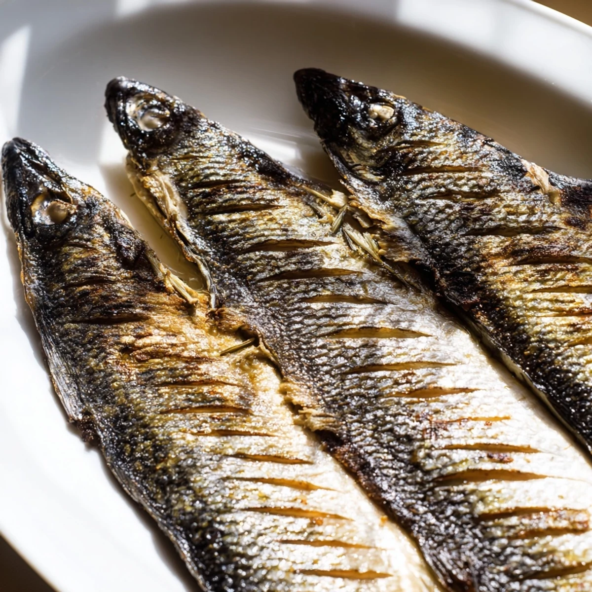 Golden whole roasted fish with crispy skin garnished with fresh parsley and lemon wedges on a platter
