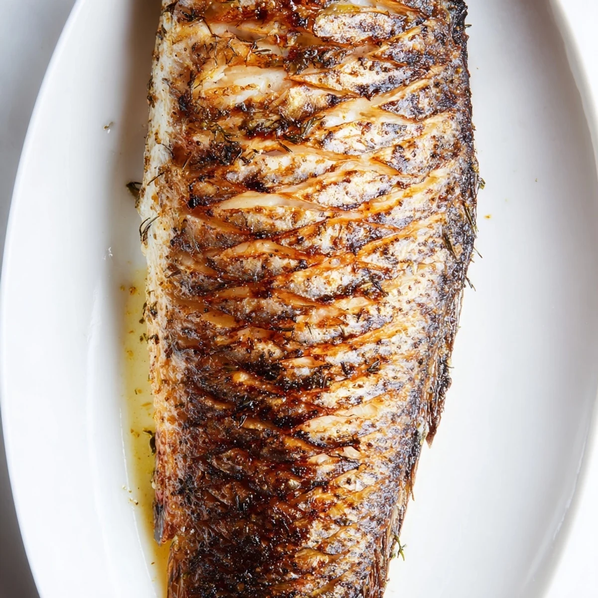 Mediterranean style whole roasted fish displaying golden crispy skin served with bright citrus garnish