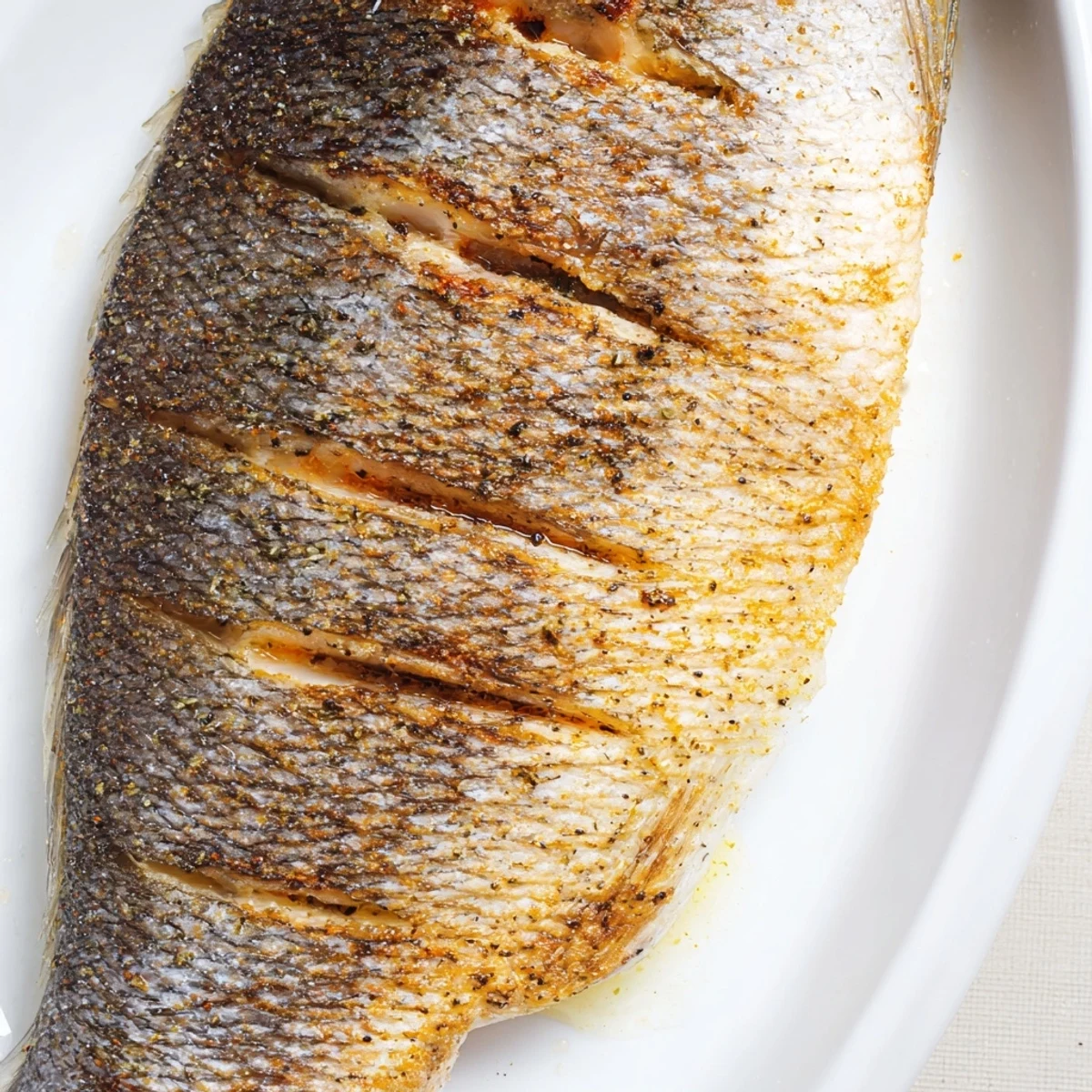 Whole roasted fish featuring beautifully blistered crispy skin stuffed with lemon slices and aromatic herbs