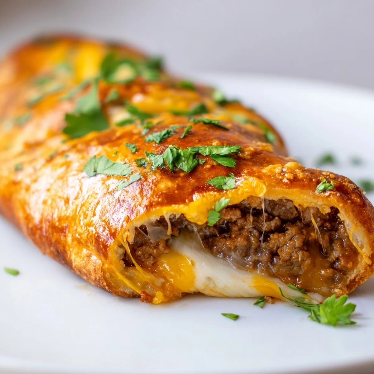 Golden brown cheesy taco sticks filled with seasoned beef and melted cheese on a white platter