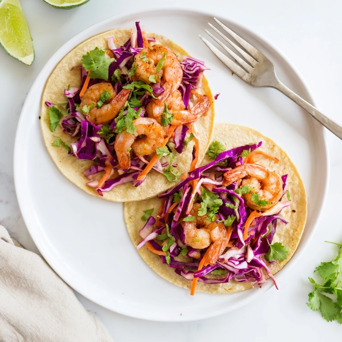 Golden seasoned shrimp piled in warm tortillas with crunchy colorful cabbage slaw and fresh cilantro garnish