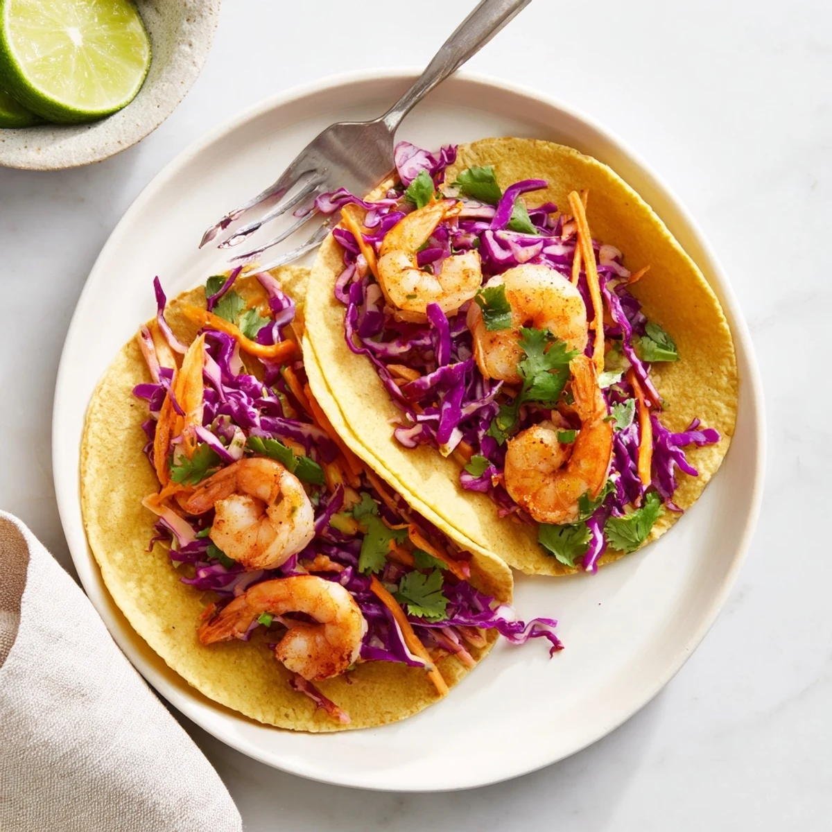 Mexican-style shrimp tacos loaded with tangy creamy coleslaw and tender spice-rubbed shrimp on warm flour tortillas