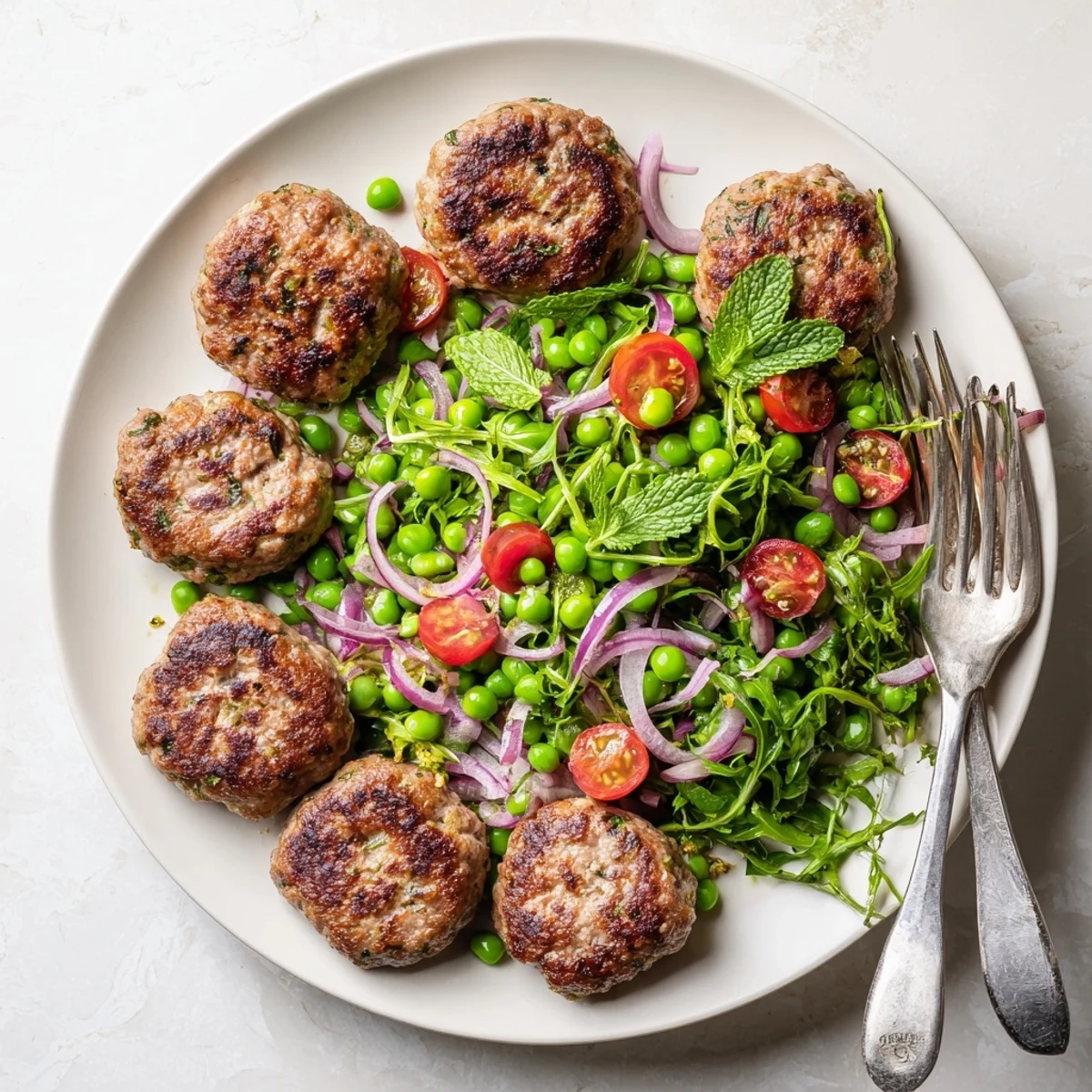 Golden brown turkey patties with herbs served alongside fresh arugula and bright green pea salad