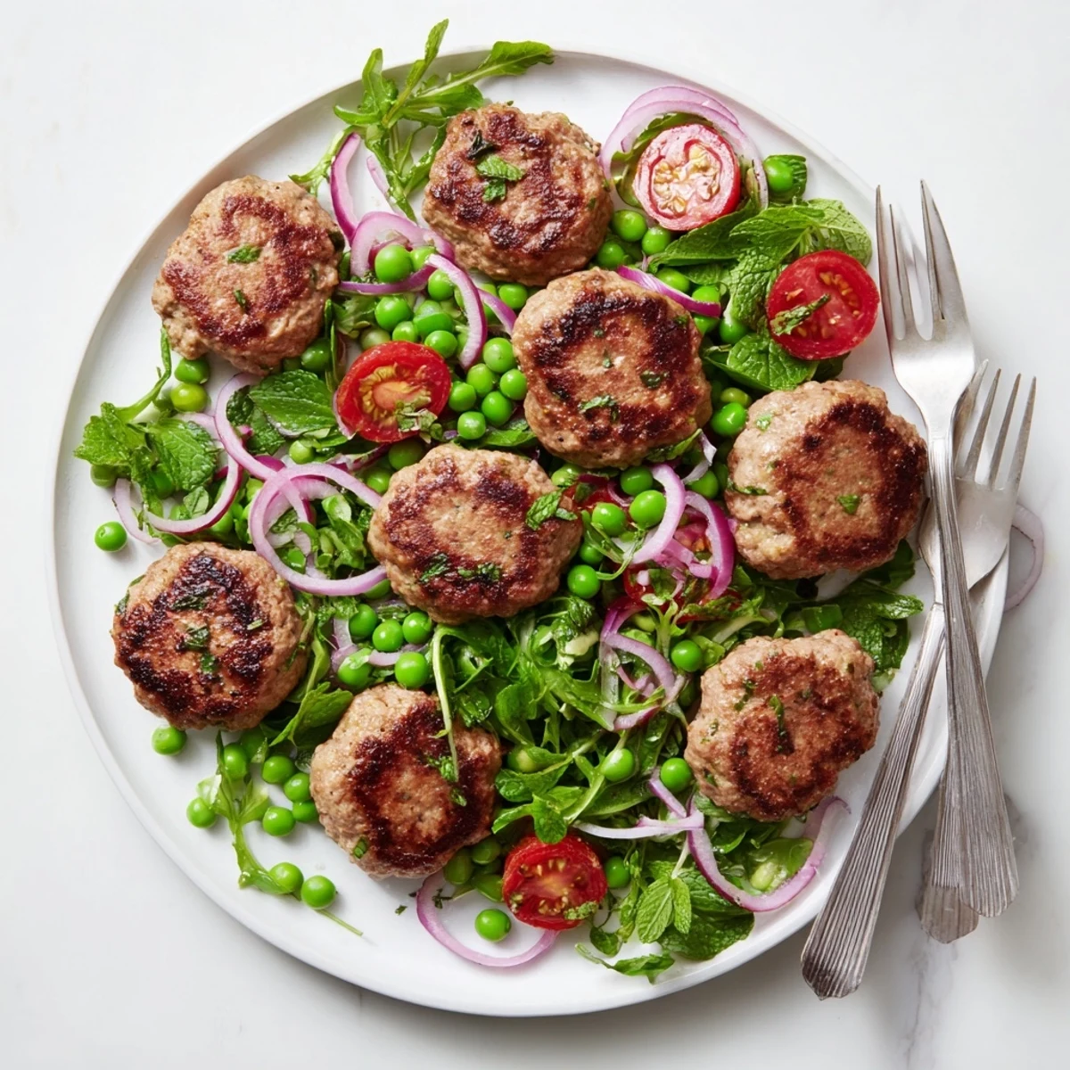 Juicy pan-fried turkey patties plated with refreshing arugula, sweet peas, cherry tomatoes, and mint