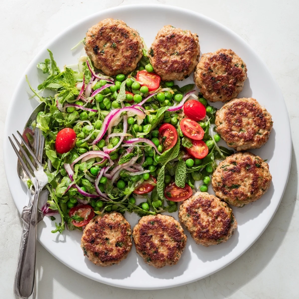 Homemade turkey patties with paprika garnish on a bed of crisp arugula pea salad