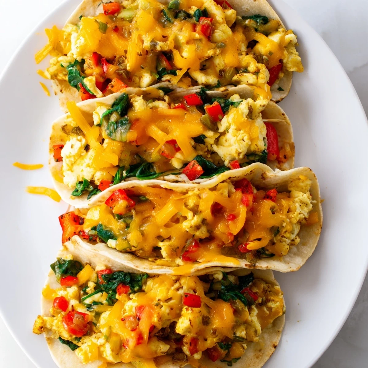 Savory breakfast tacos arranged on baking sheet with bubbly cheddar and Monterey Jack cheese