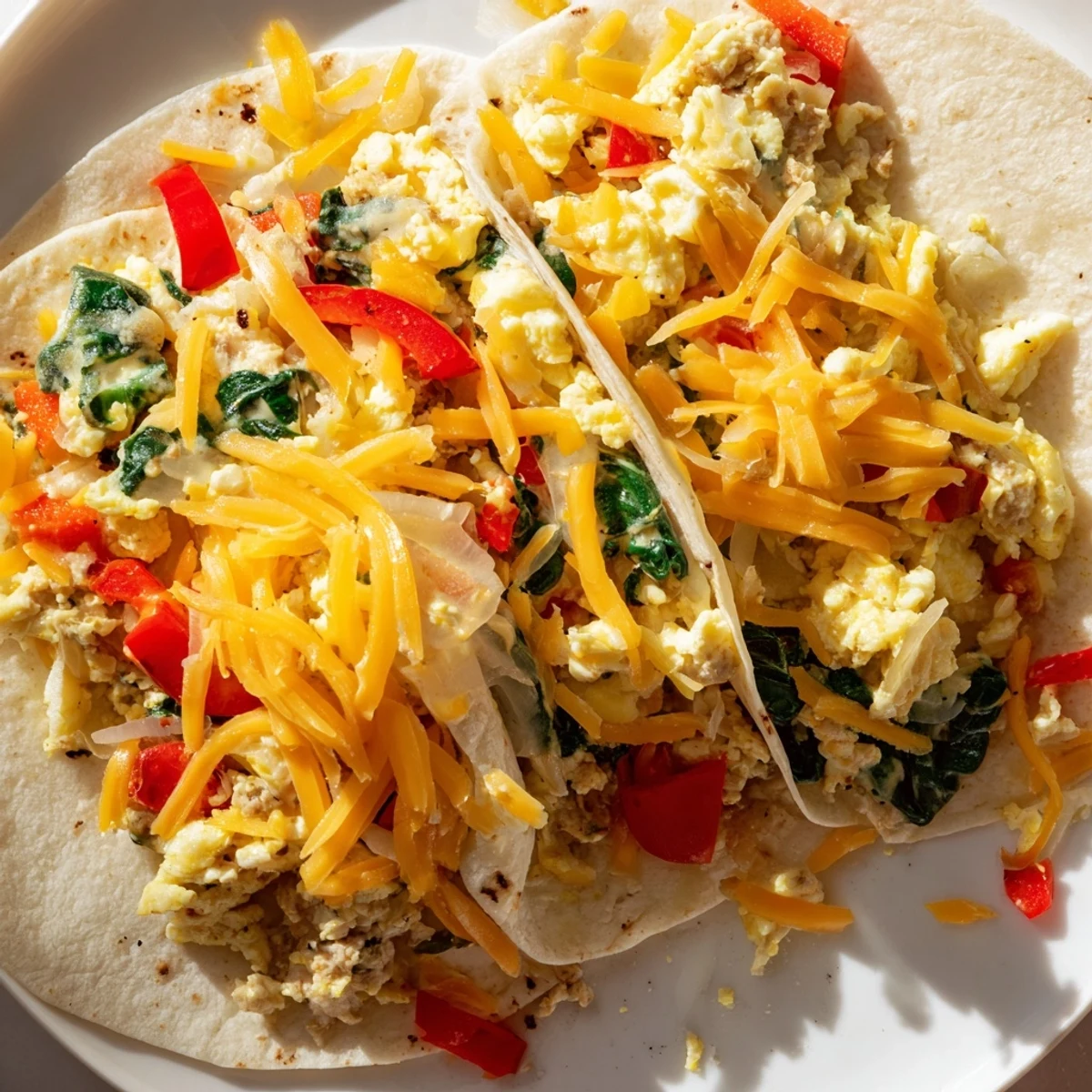 Golden baked breakfast tacos filled with fluffy eggs, melted cheese, and colorful vegetables