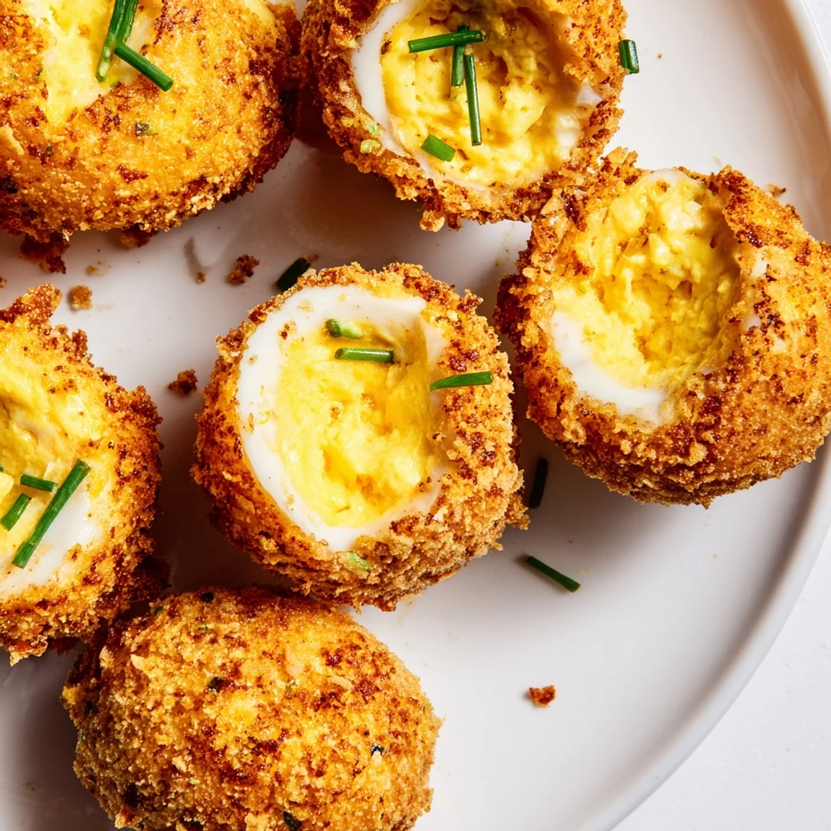 Golden fried deviled eggs with crispy panko coating and creamy yolk filling