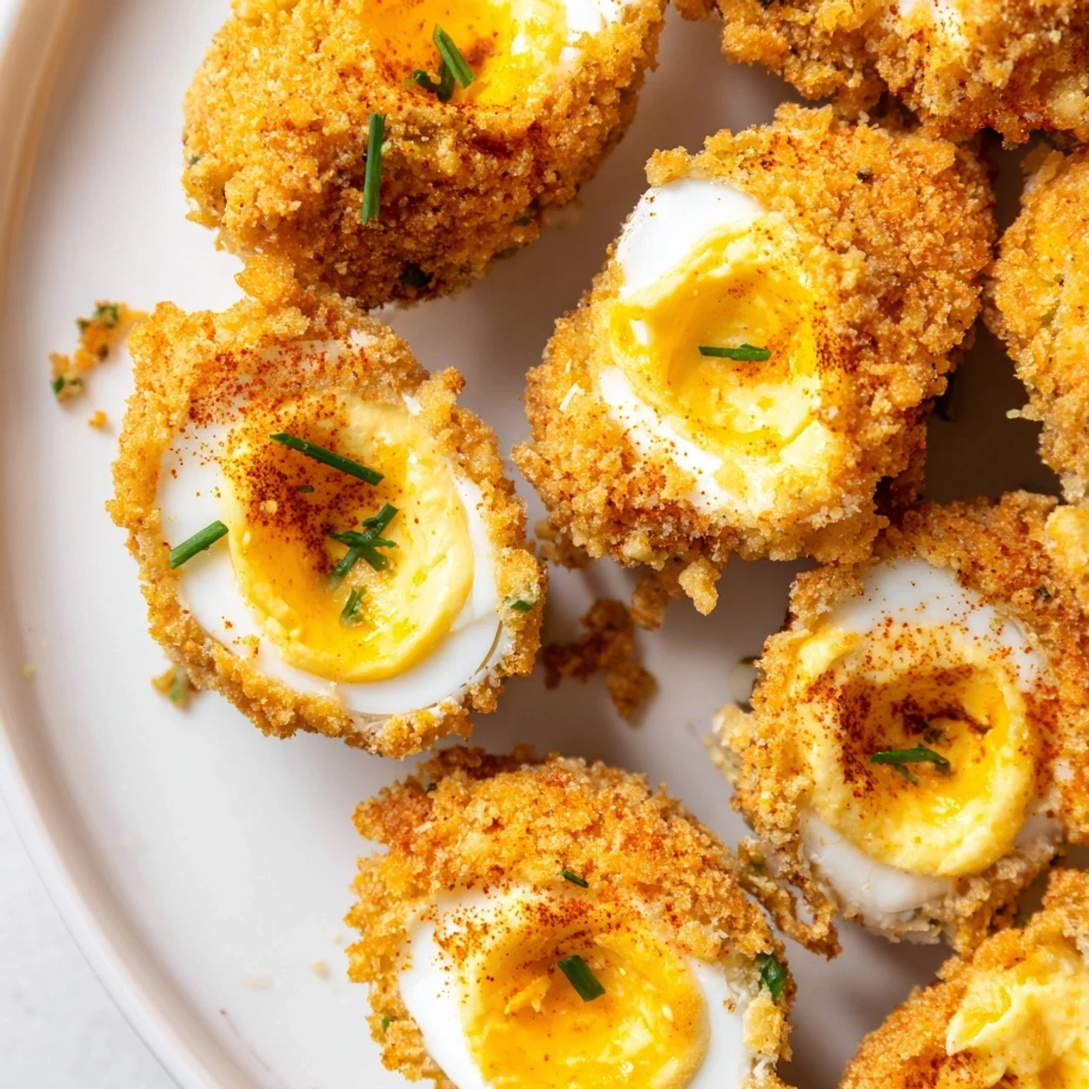 Breaded deviled eggs frying in oil until golden brown and perfectly crunchy