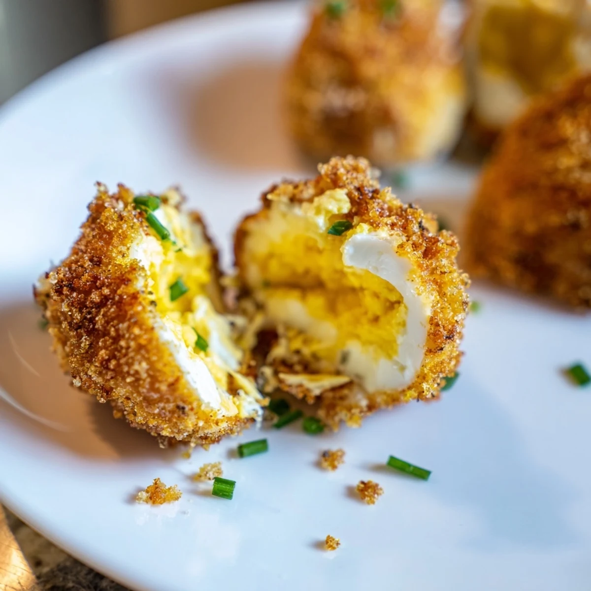 Fried deviled eggs garnished with fresh chives ready for serving on platter