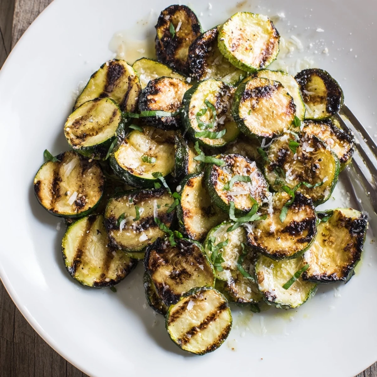 Bright herb-topped Crispy Grilled Zucchini With Parmesan And Fresh Herbs, best with lemon