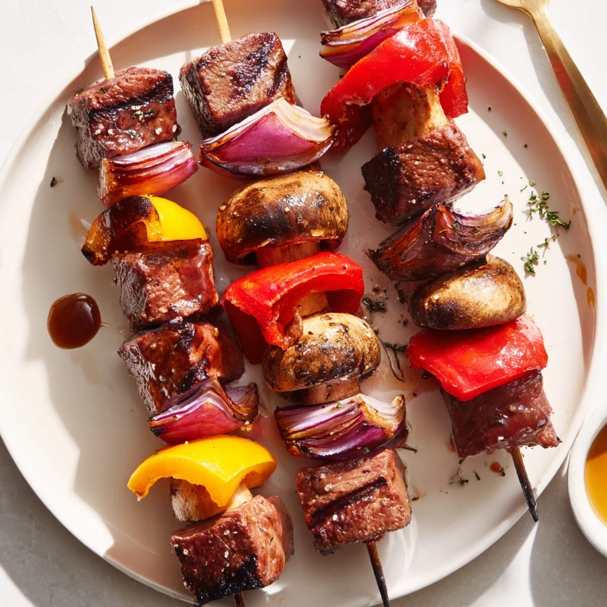 Skewered Juicy Steak Kebabs resting on platter, ready to serve with herbs.
