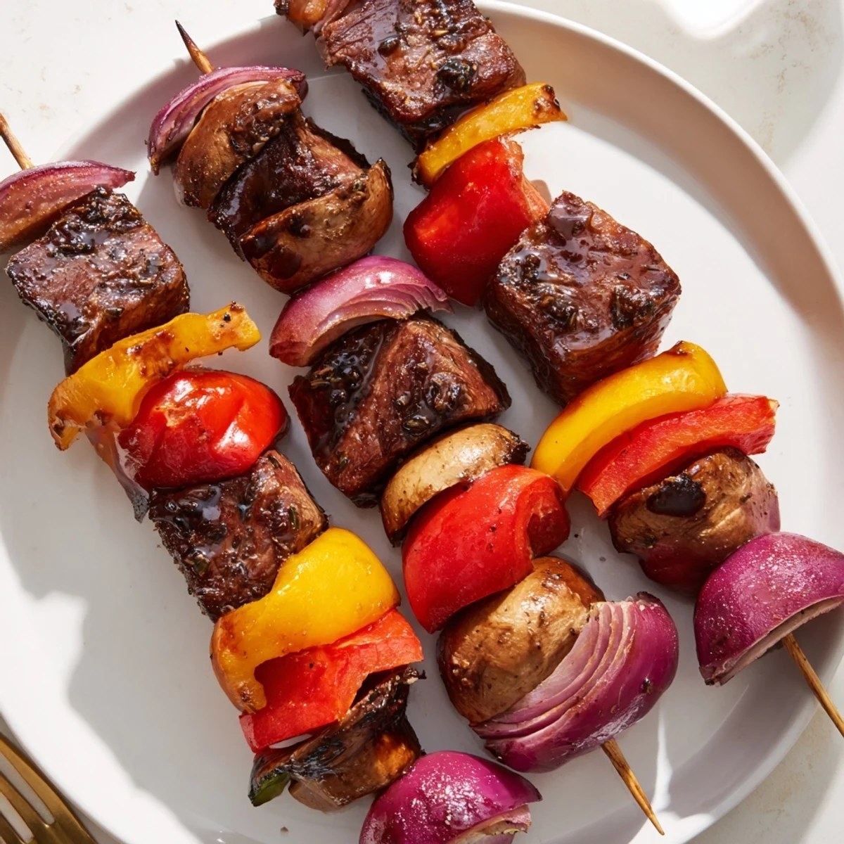 Grilled Juicy Steak Kebabs glistening with marinade, charred peppers and onions.
