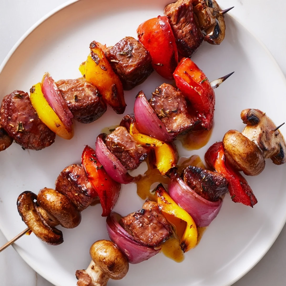 Smoky, sizzling Juicy Steak Kebabs on hot grill, juicy cubes and veggies.