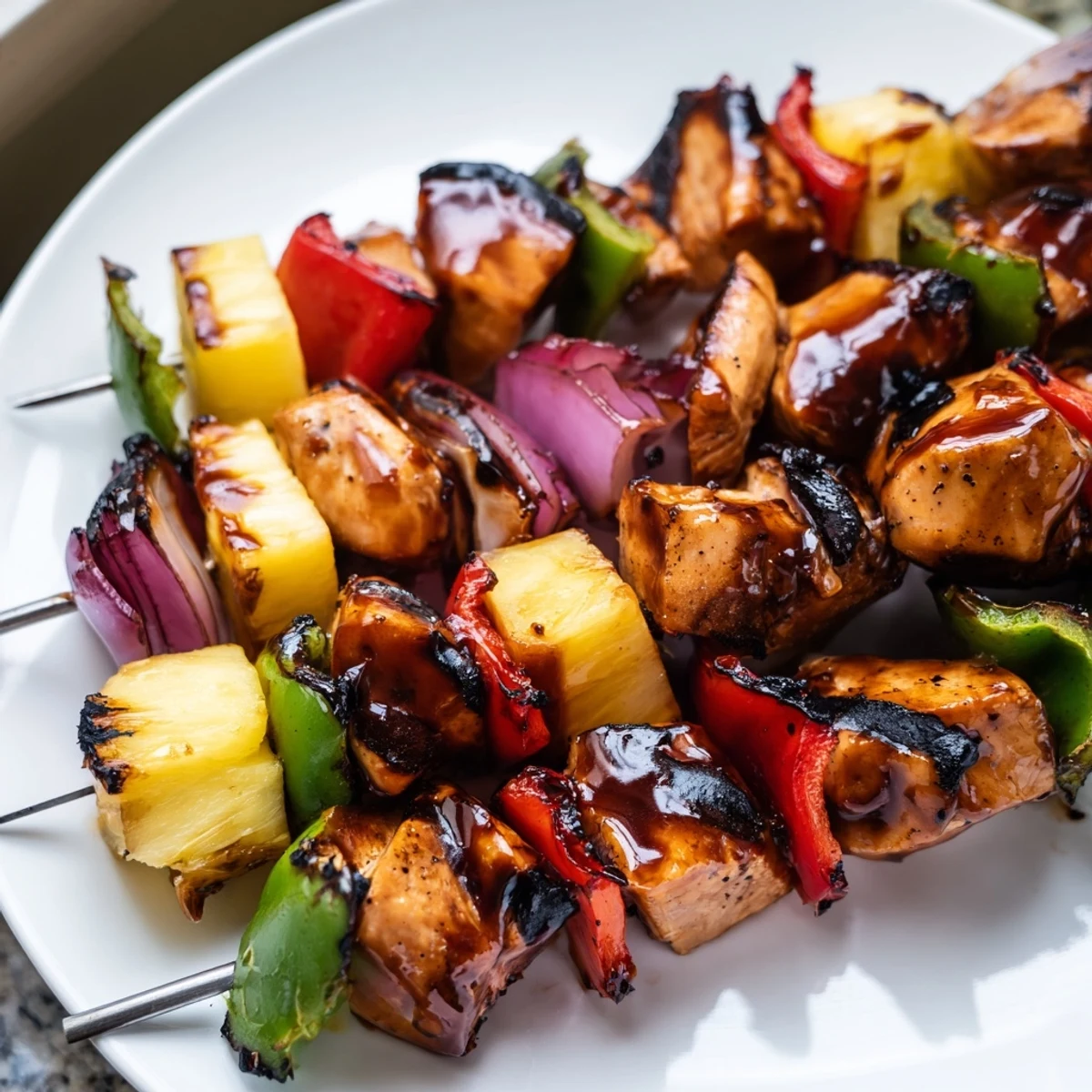 Glazed Bbq Pineapple Chicken Kabobs sizzling on grill, charred pineapple and peppers.