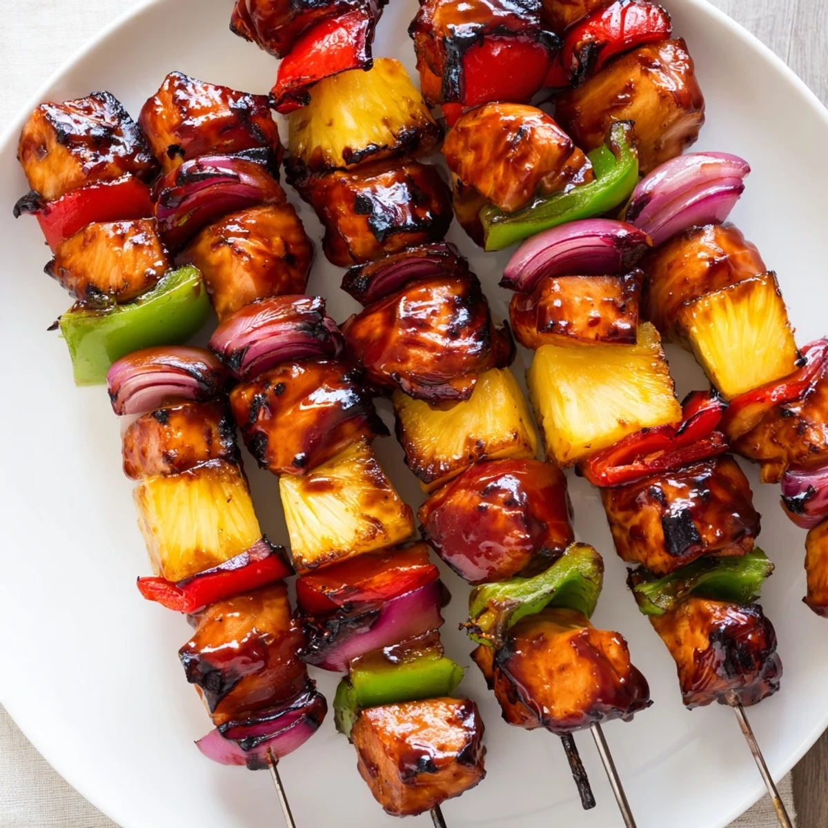 Colorful Bbq Pineapple Chicken Kabobs on skewers, tangy-sweet aroma, summer-ready.