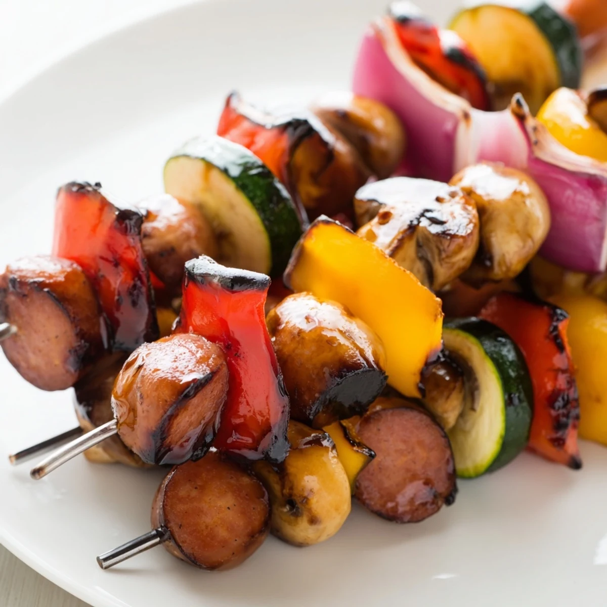 Smoky sausage and veggie skewers brushed with tangy sweet balsamic honey glaze on the grill