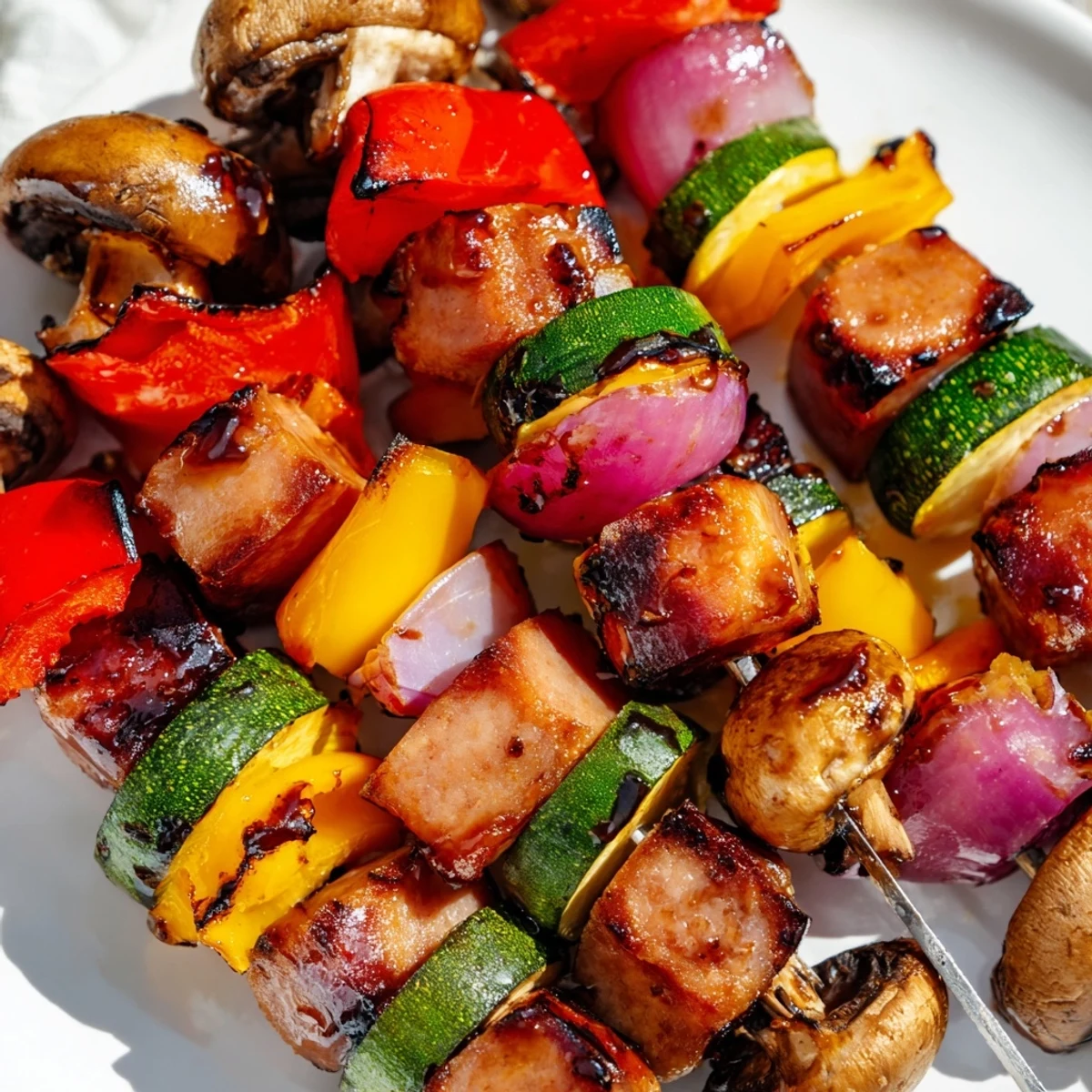 Golden grilled kielbasa kabobs with colorful vegetables coated in sticky balsamic honey glaze