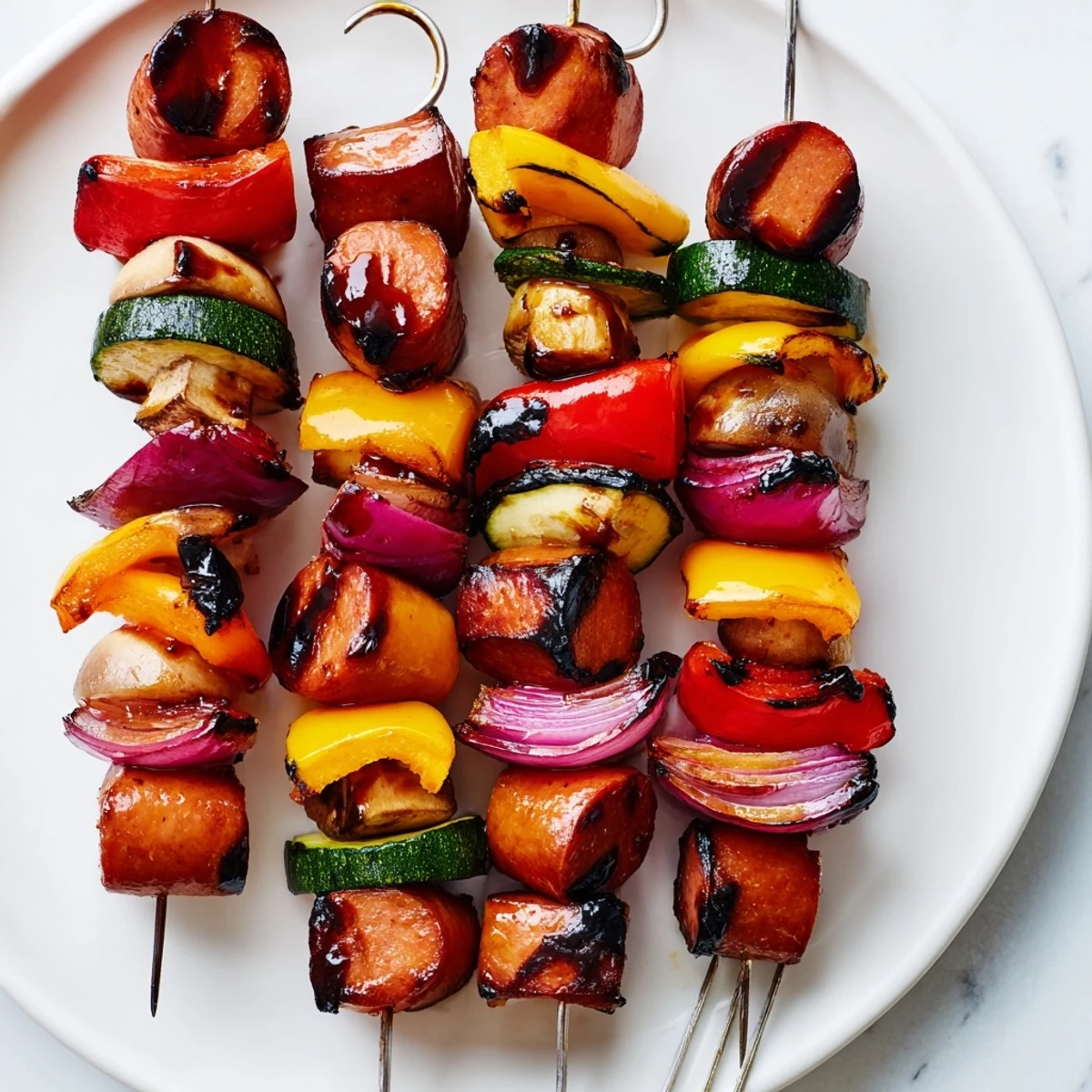 Perfectly charred kielbasa kabops glistening with balsamic honey glaze served on a platter