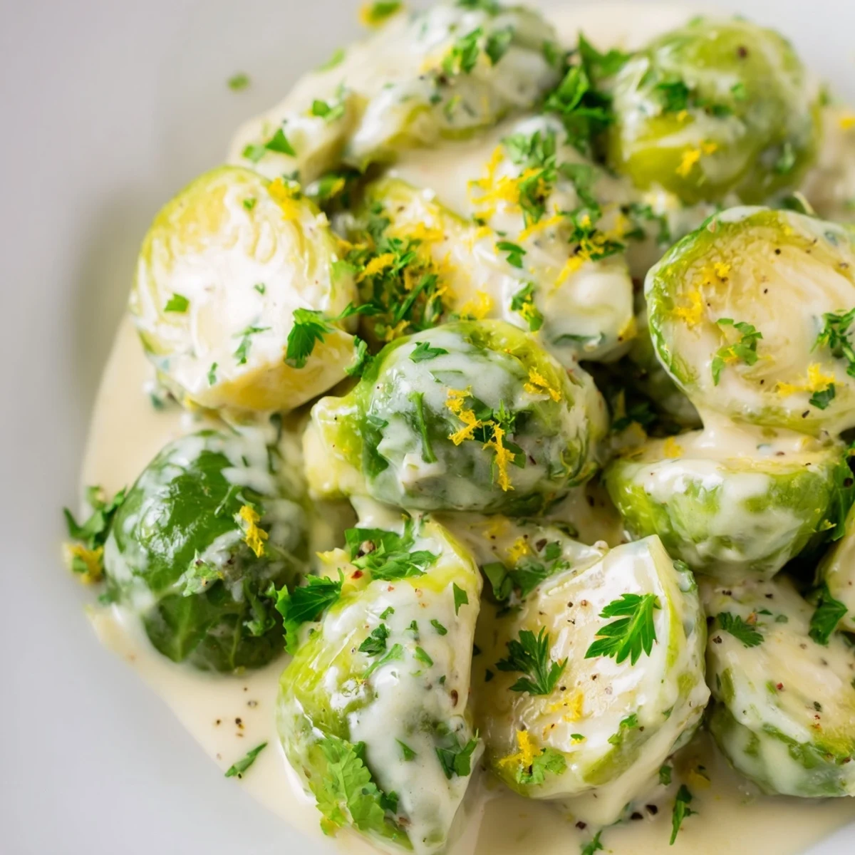 Creamy Boursin cheese Brussels sprouts in a white serving bowl with lemon zest garnish