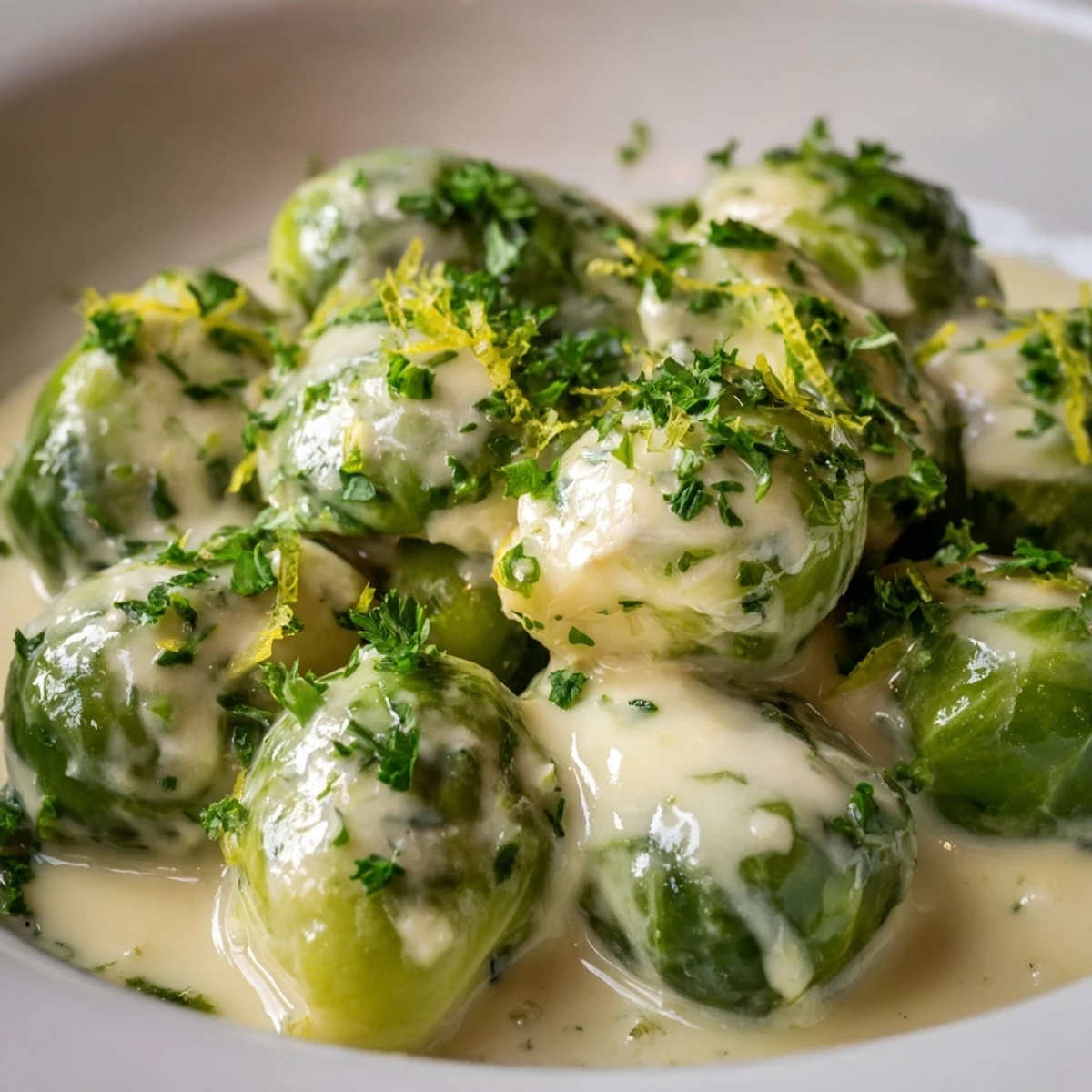 Golden tender Brussels sprouts coated in melted Boursin cheese sauce with fresh parsley