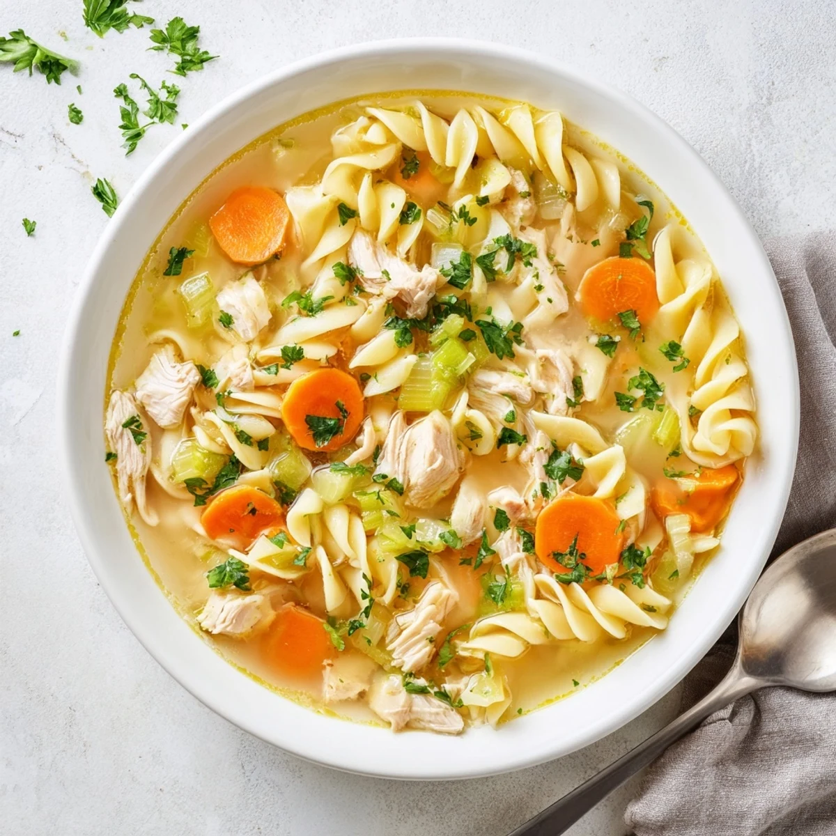 One pot chicken and noodles simmered in savory broth with tender vegetables and fresh parsley garnish