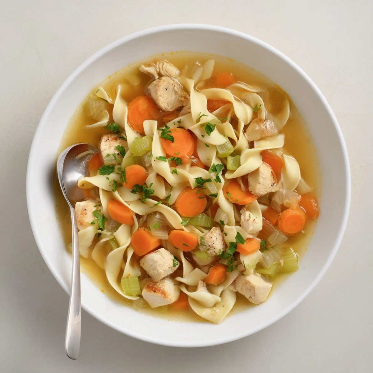 Creamy one pot chicken and noodles featuring chunks of tender meat and wide egg noodles in rich broth